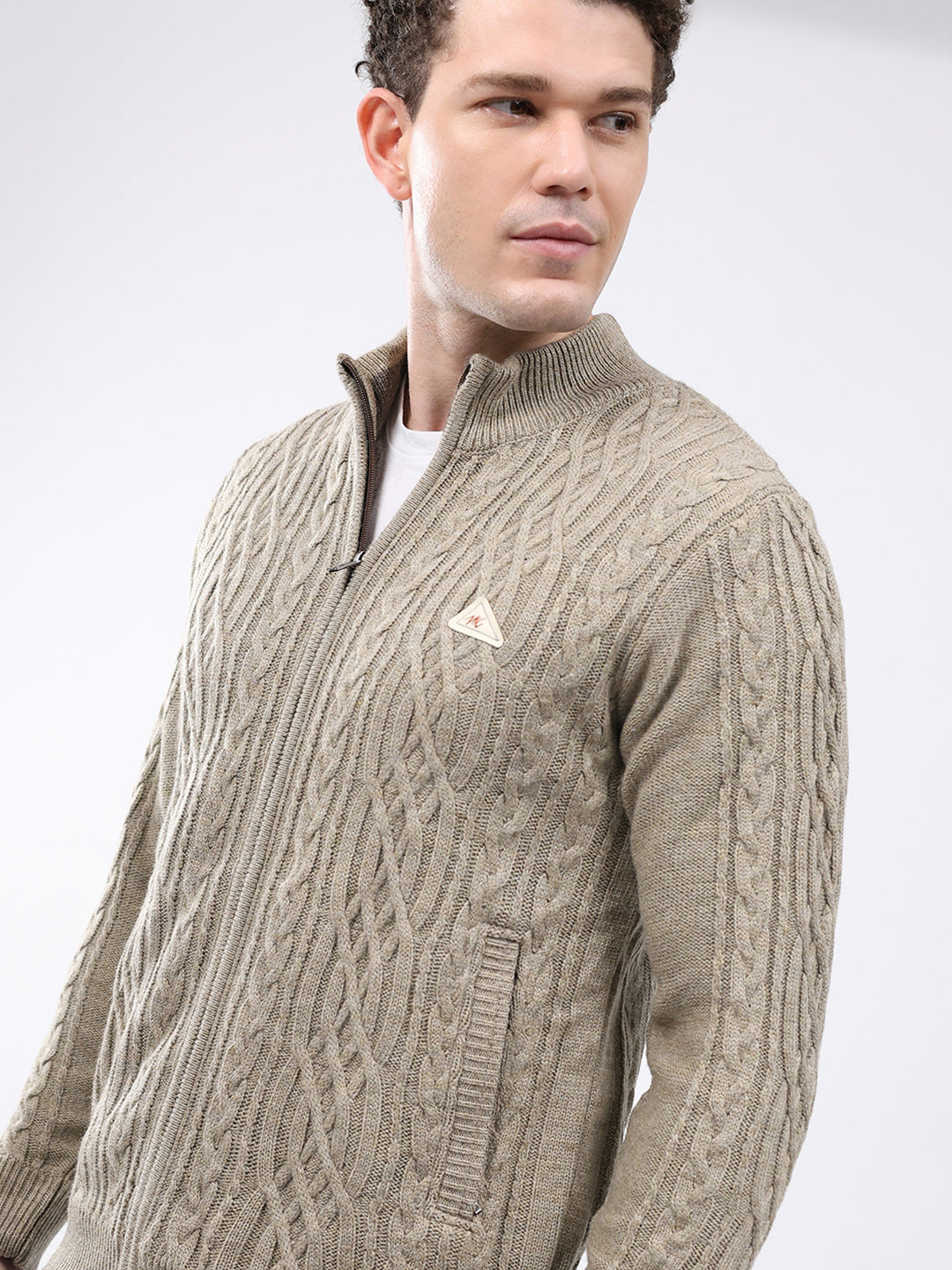 Men Beige Self Design Mock Neck Full Sleeve Jacket