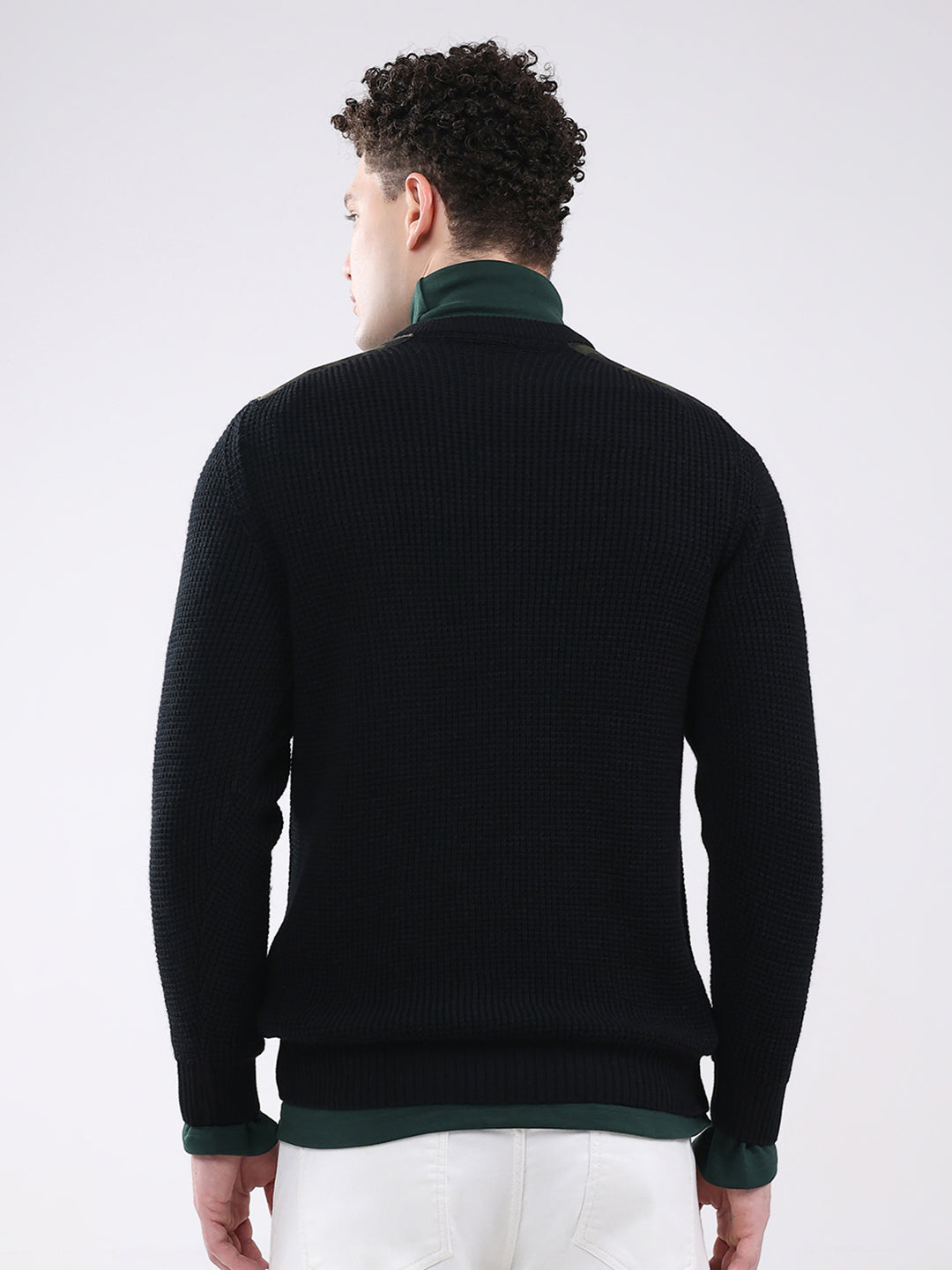 Men Black Self Design Round Neck Full Sleeve Pullover