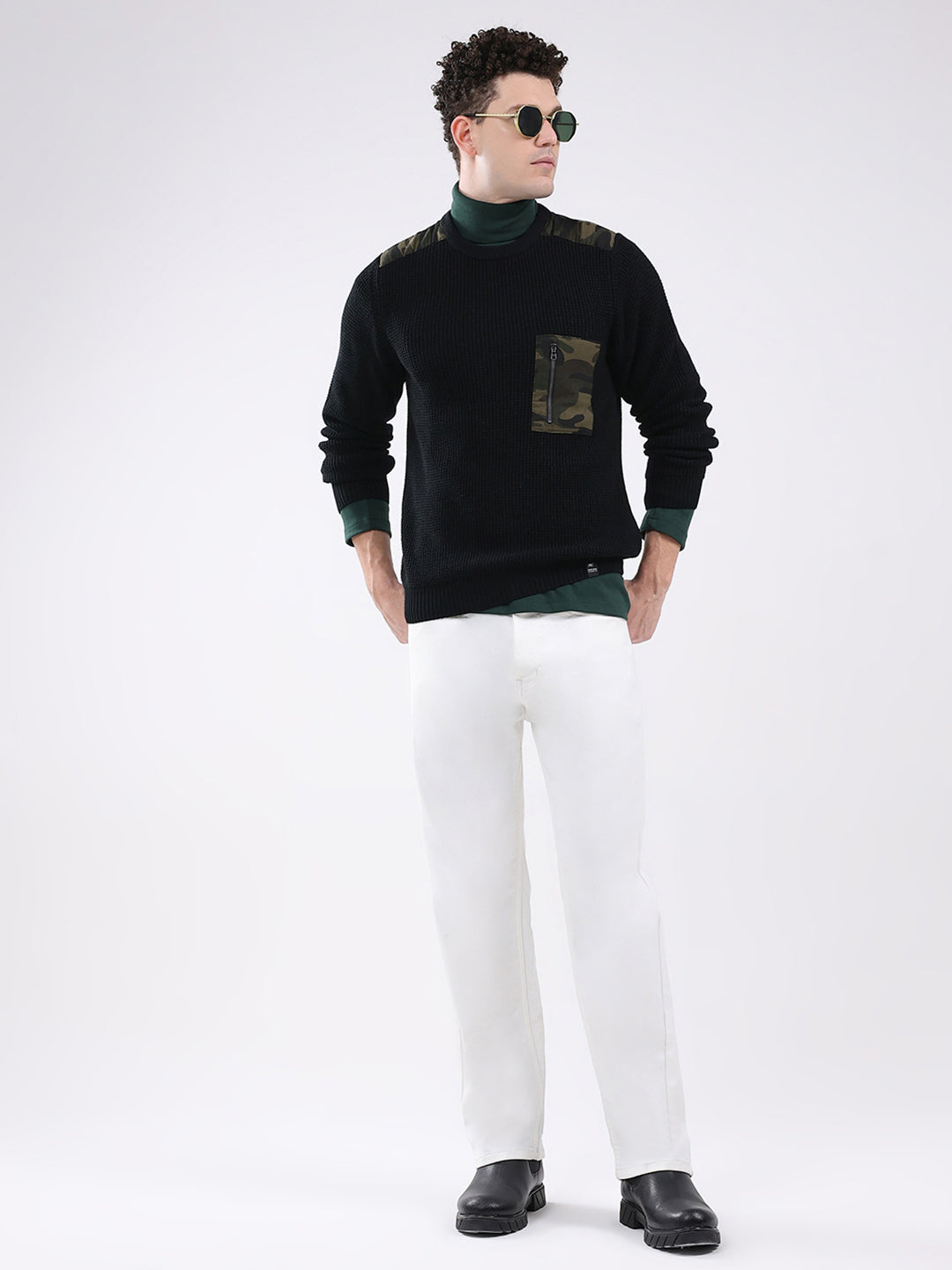 Men Black Self Design Round Neck Full Sleeve Pullover