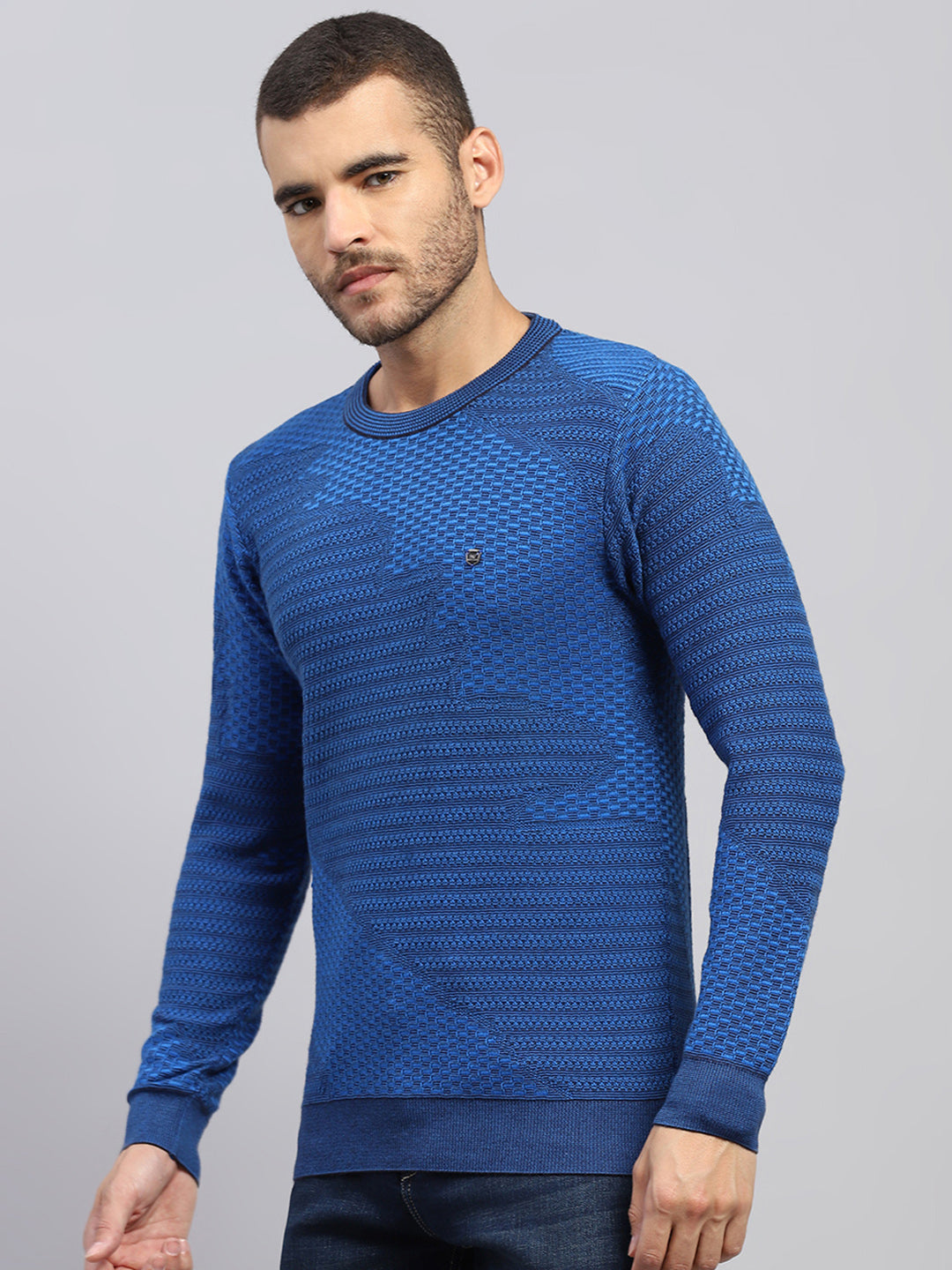 Men Blue Self Design Round Neck Full Sleeve Pullover