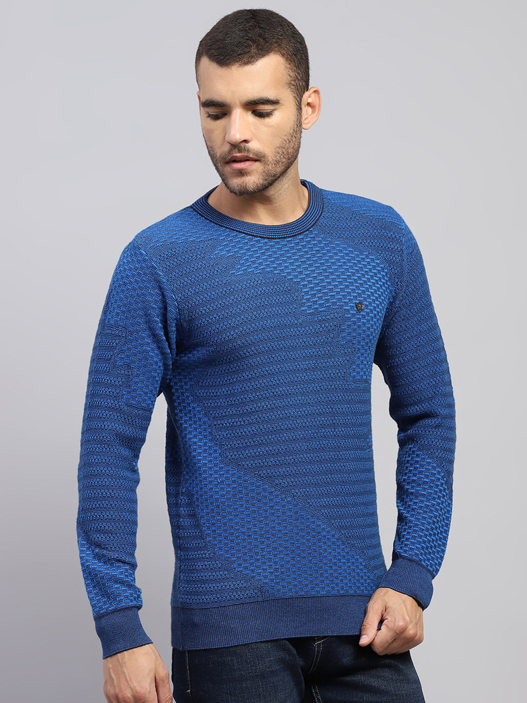 Men Blue Self Design Round Neck Full Sleeve Pullover
