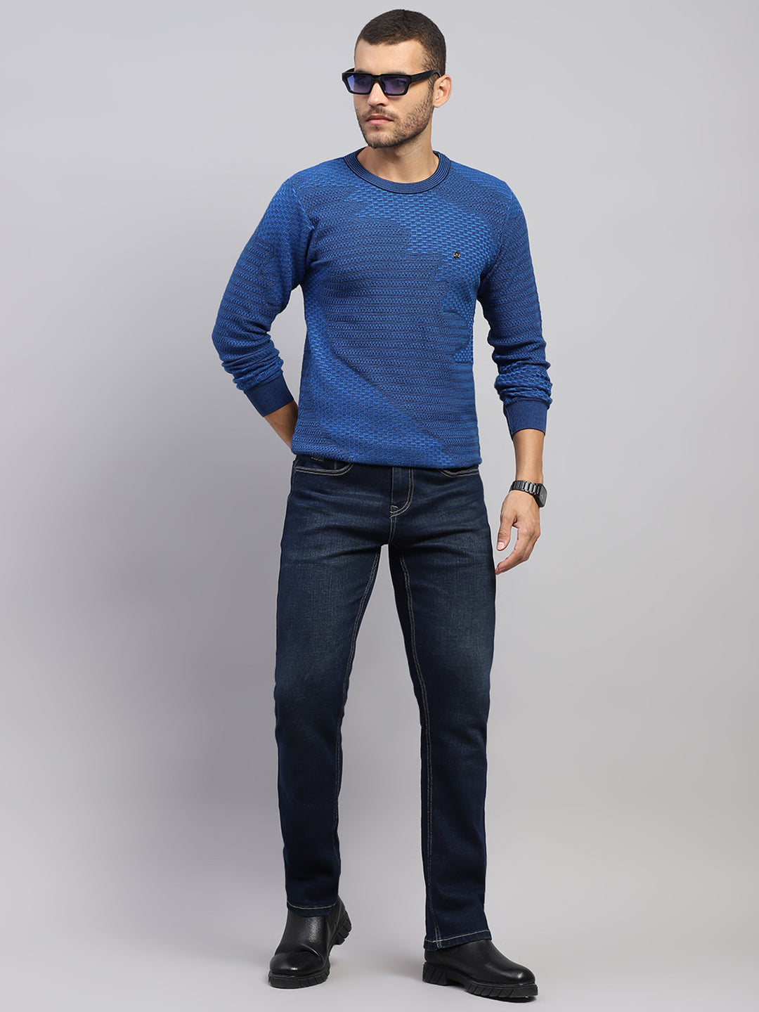 Men Blue Self Design Round Neck Full Sleeve Pullover