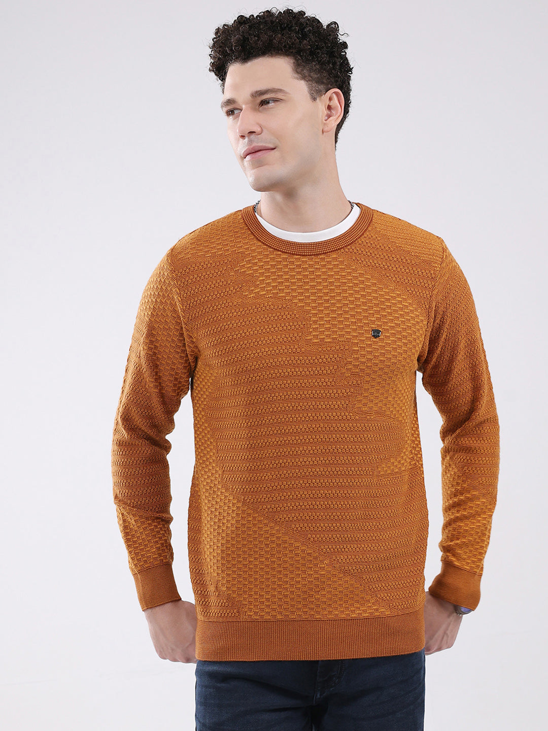 Men Mustard Self Design Round Neck Full Sleeve Pullover