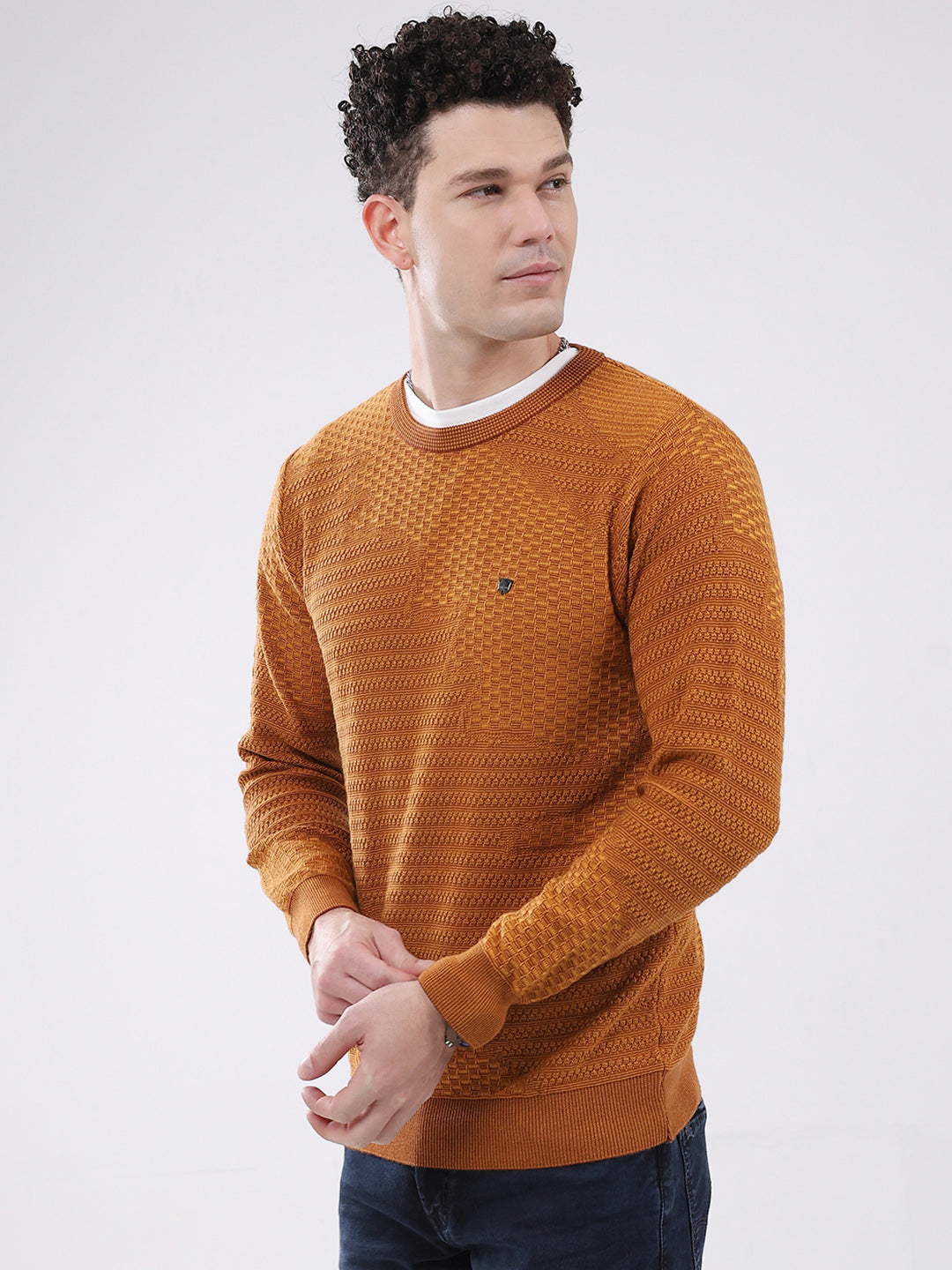 Men Mustard Self Design Round Neck Full Sleeve Pullover
