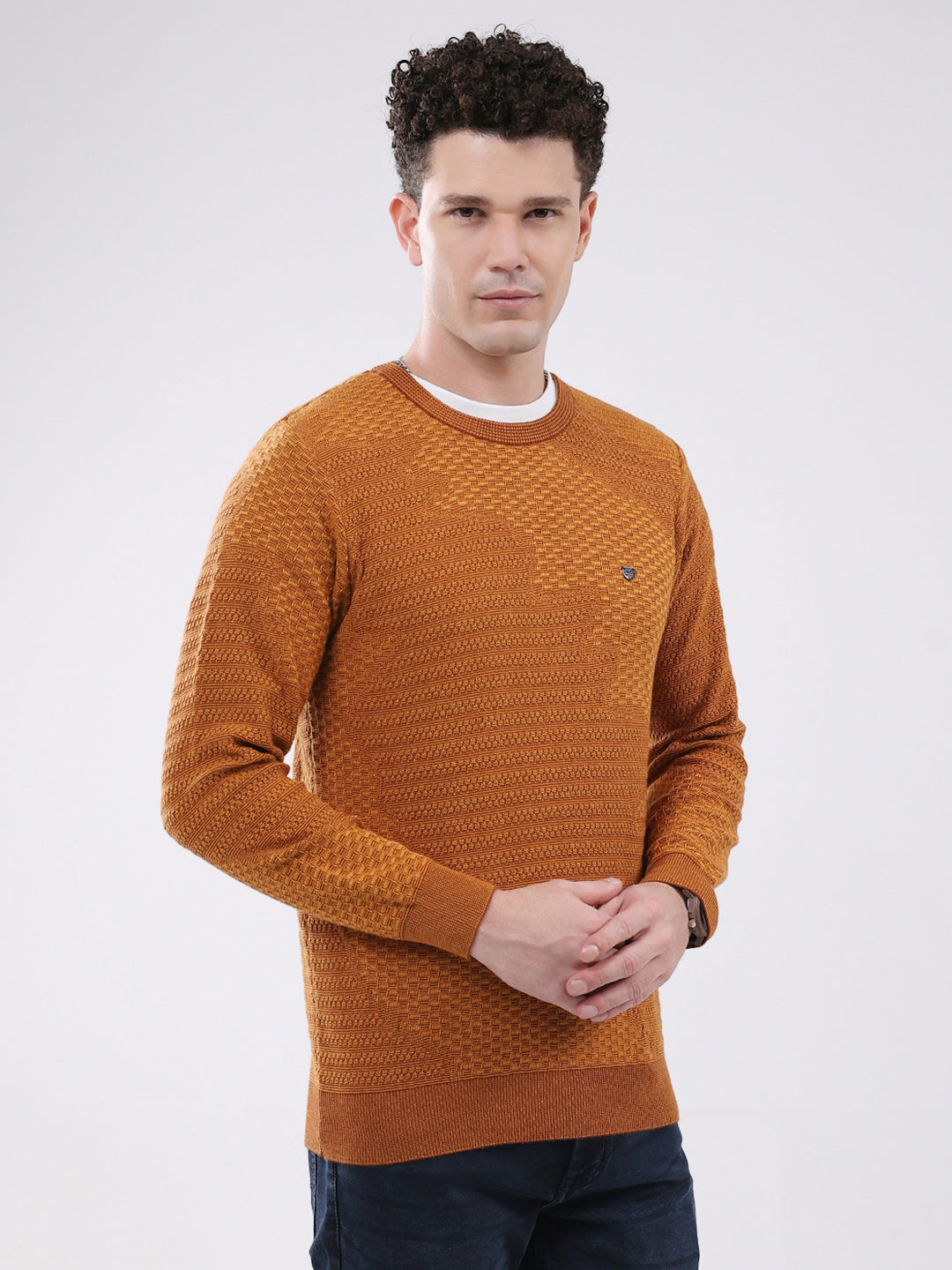 Men Mustard Self Design Round Neck Full Sleeve Pullover
