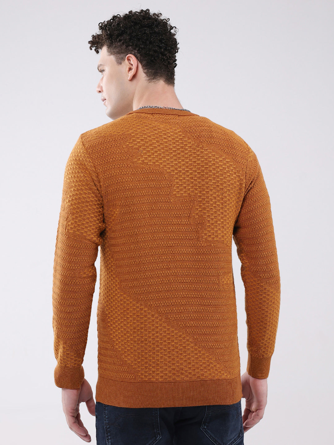 Men Mustard Self Design Round Neck Full Sleeve Pullover