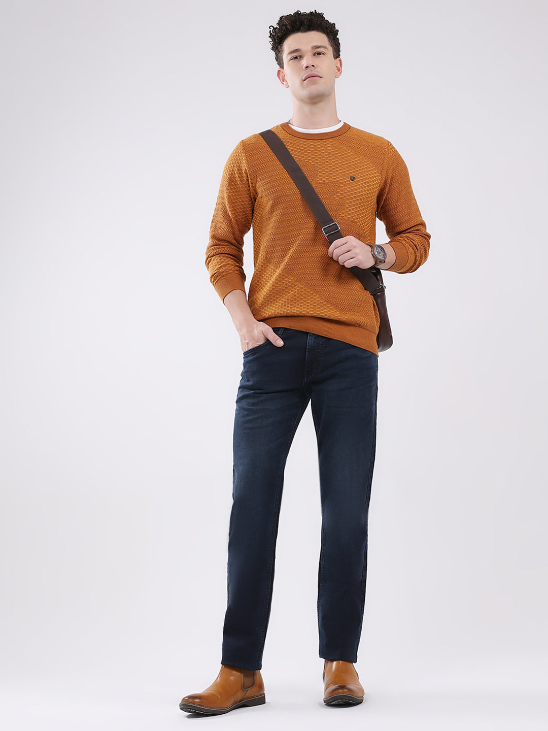 Men Mustard Self Design Round Neck Full Sleeve Pullover