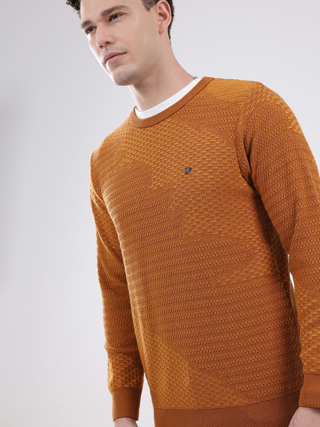 Men Mustard Self Design Round Neck Full Sleeve Pullover