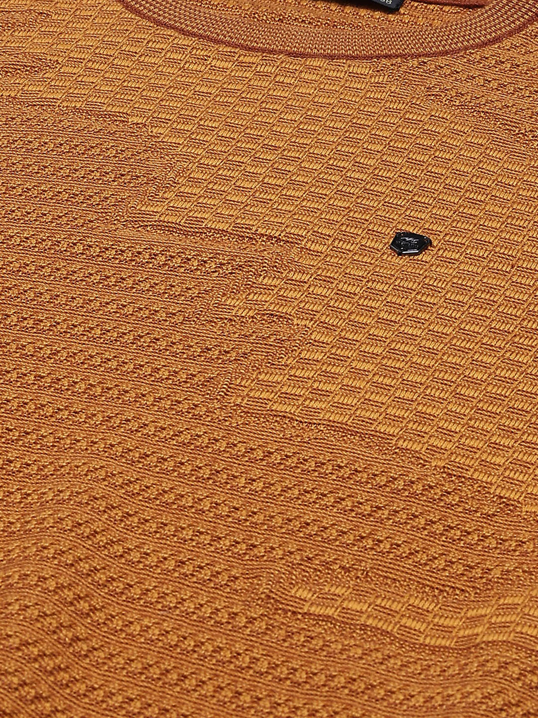 Men Mustard Self Design Round Neck Full Sleeve Pullover