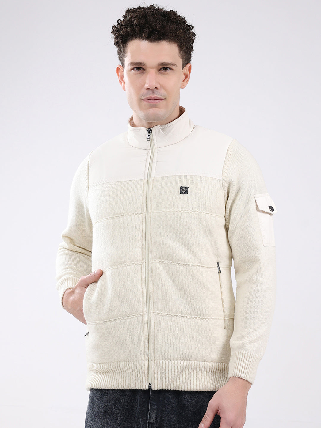 Men White Self Design Mock Neck Full Sleeve Jacket