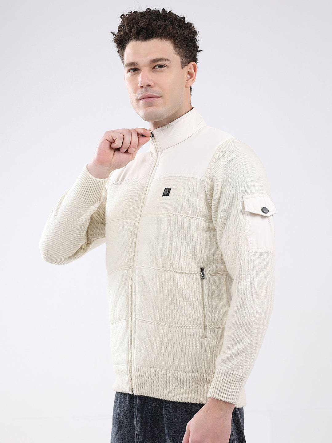 Men White Self Design Mock Neck Full Sleeve Jacket