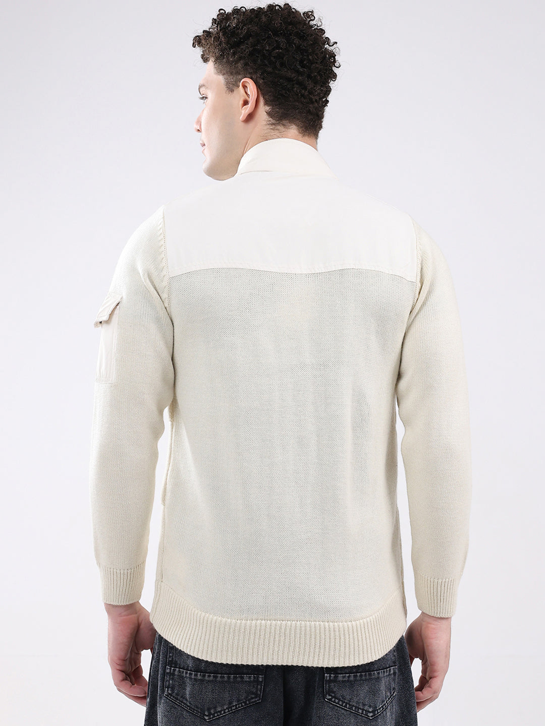 Men White Self Design Mock Neck Full Sleeve Jacket