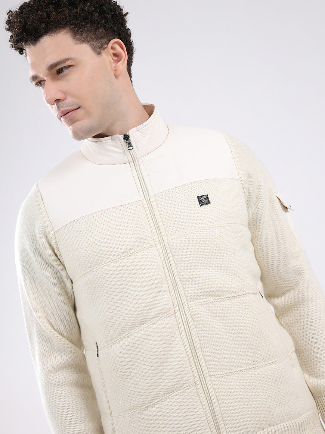 Men White Self Design Mock Neck Full Sleeve Jacket