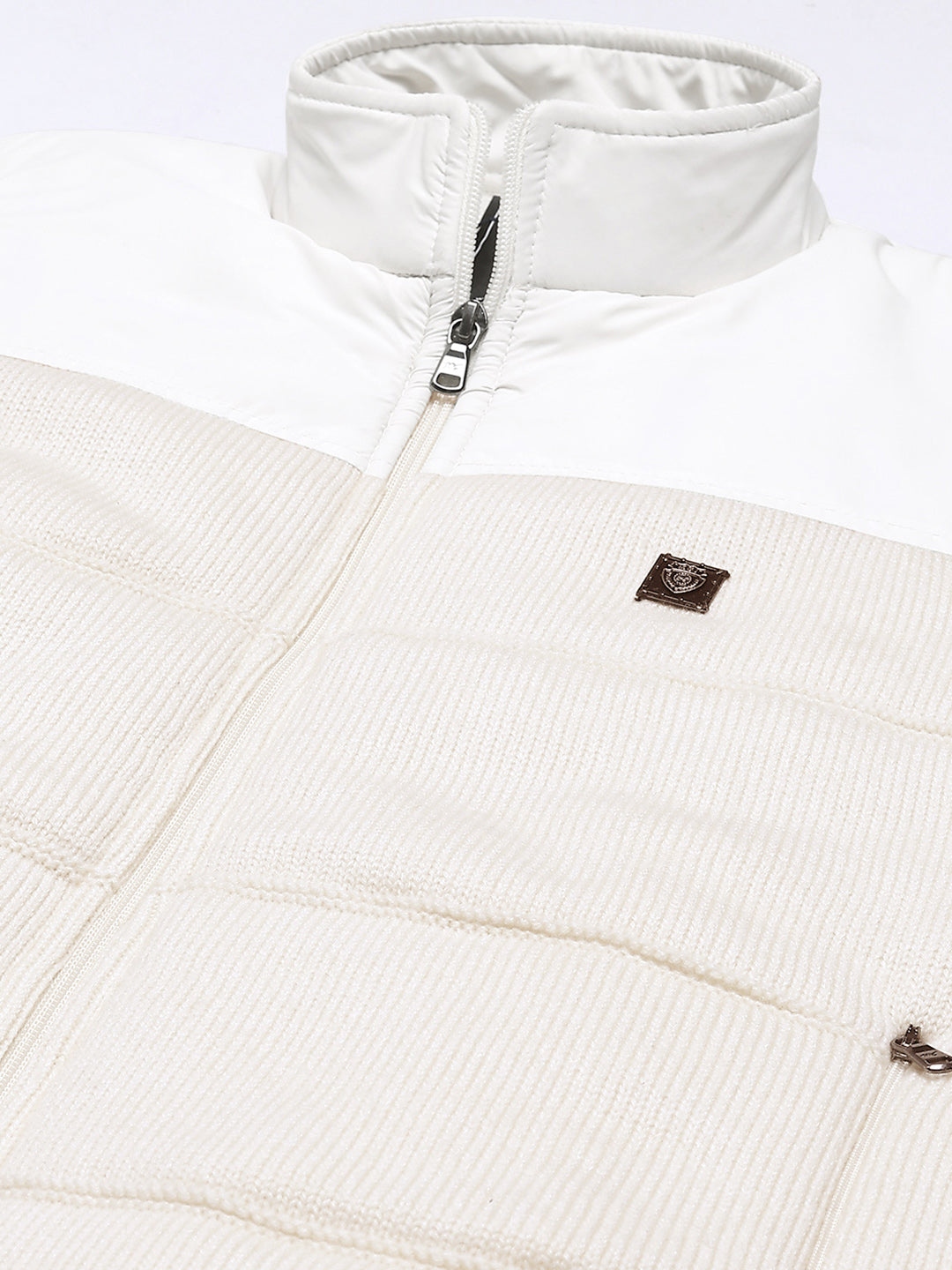 Men White Self Design Mock Neck Full Sleeve Jacket