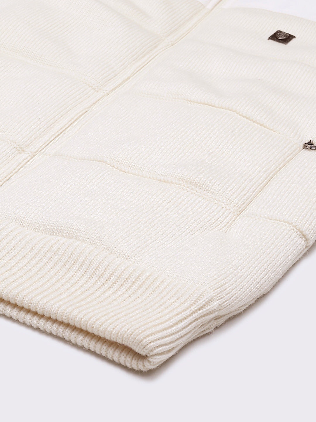 Men White Self Design Mock Neck Full Sleeve Jacket