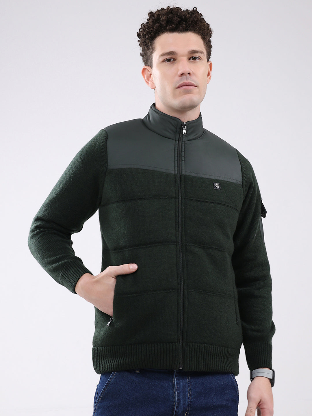 Men Green Self Design Mock Neck Full Sleeve Jacket