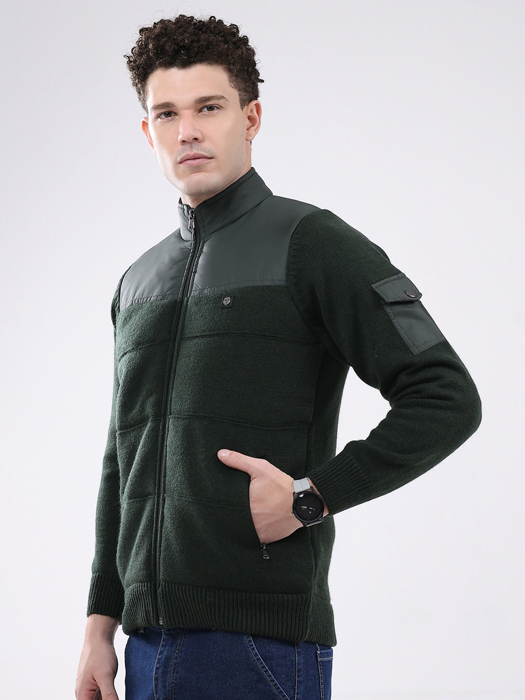 Men Green Self Design Mock Neck Full Sleeve Jacket