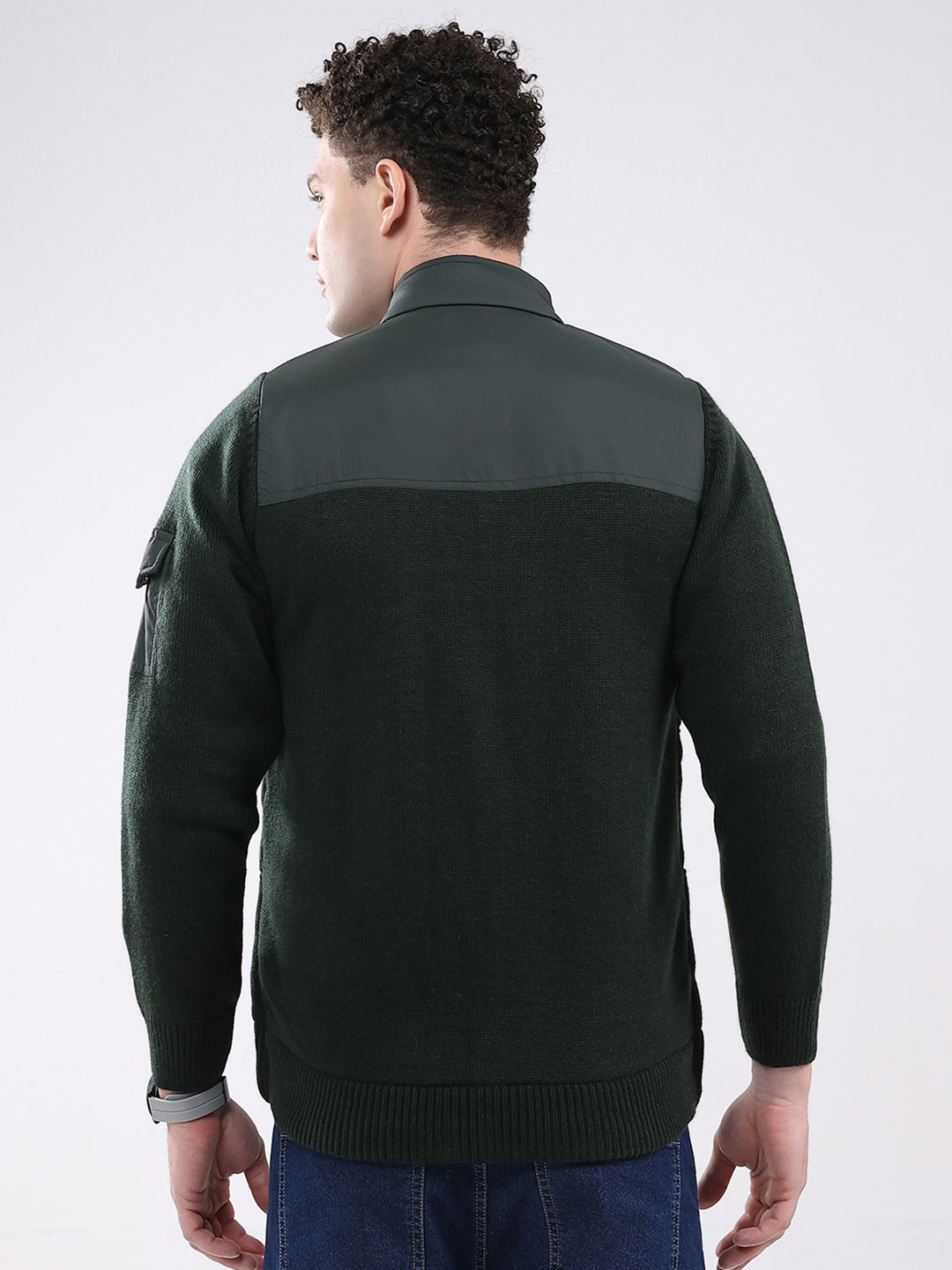 Men Green Self Design Mock Neck Full Sleeve Jacket