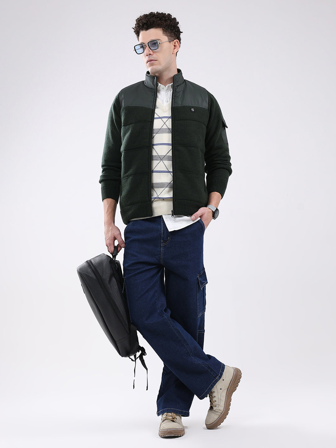 Men Green Self Design Mock Neck Full Sleeve Jacket