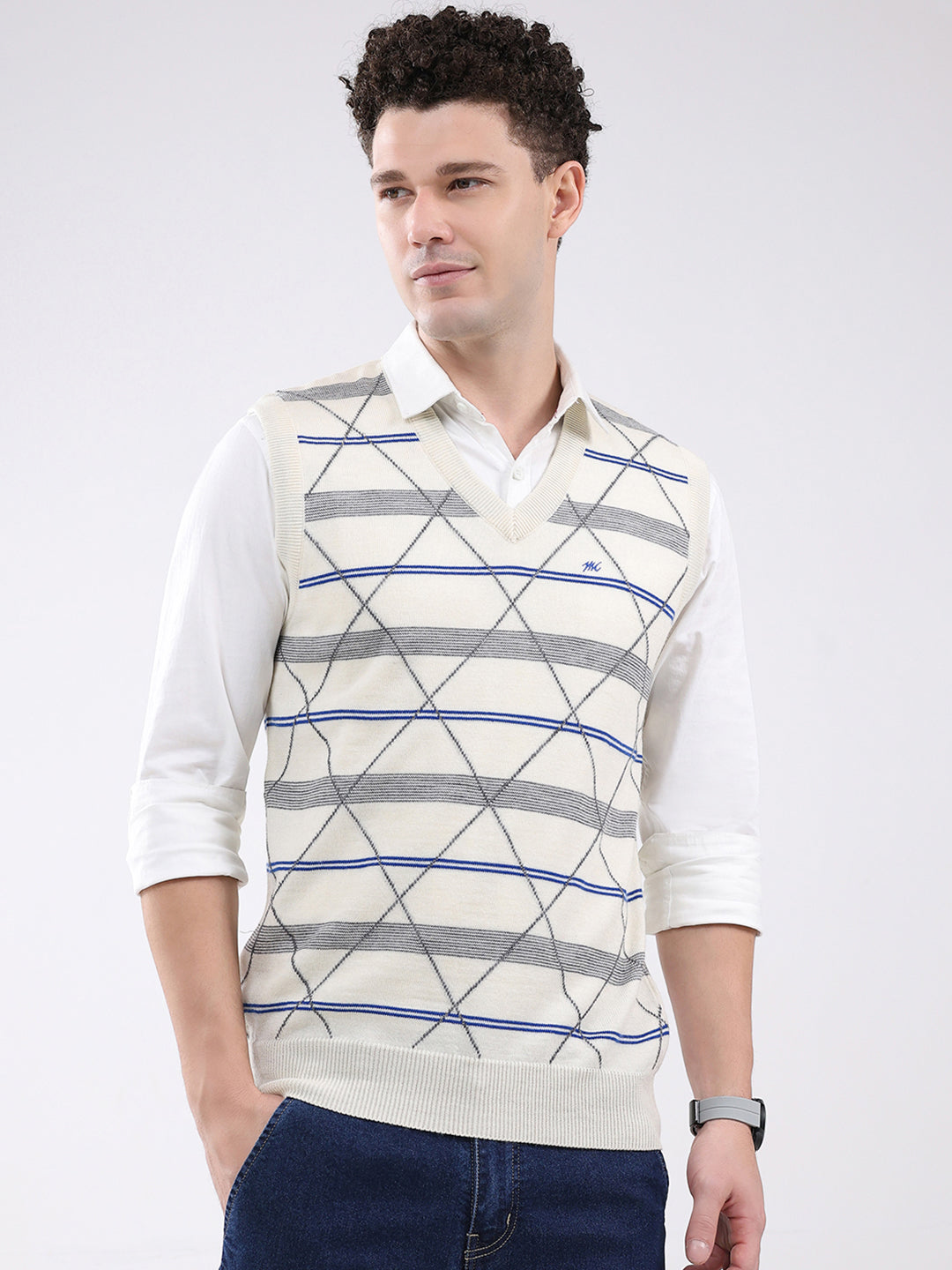 Men Cream Printed V Neck Sleeveless Sweater
