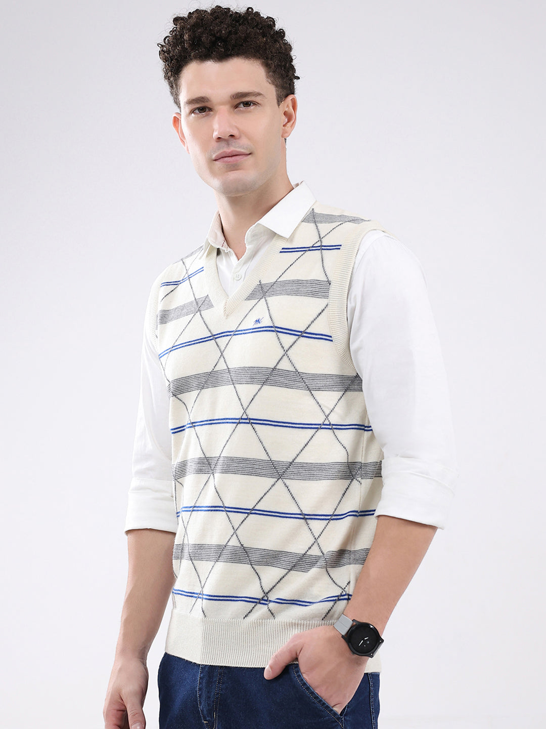 Men Cream Printed V Neck Sleeveless Sweater