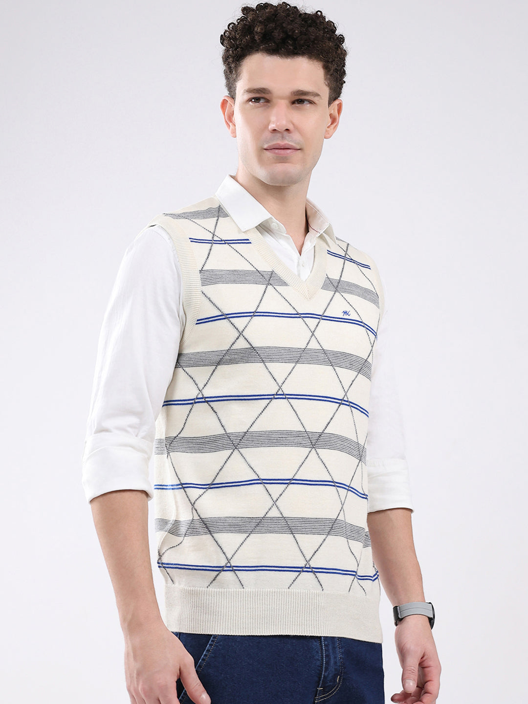 Men Cream Printed V Neck Sleeveless Sweater