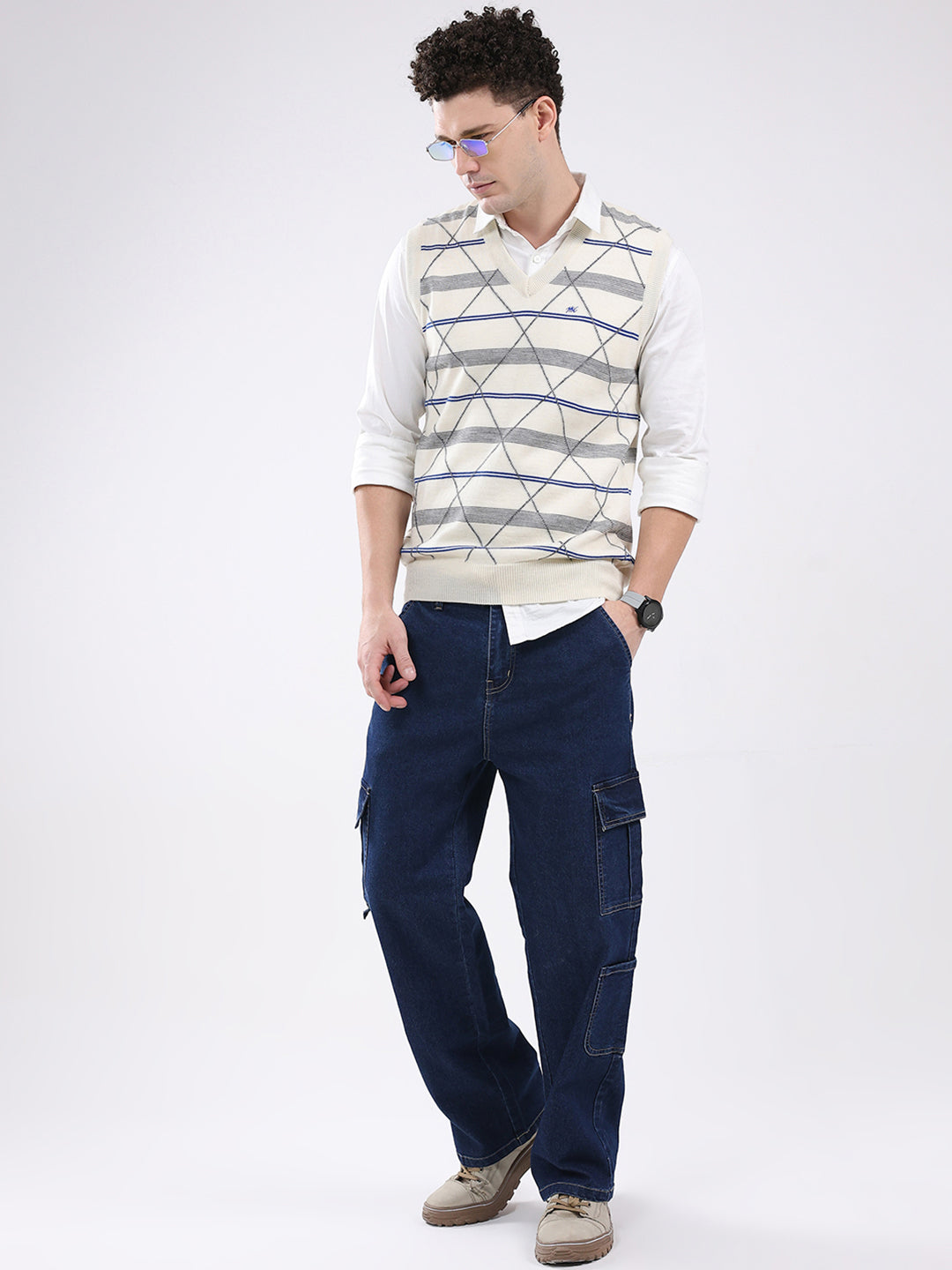 Men Cream Printed V Neck Sleeveless Sweater