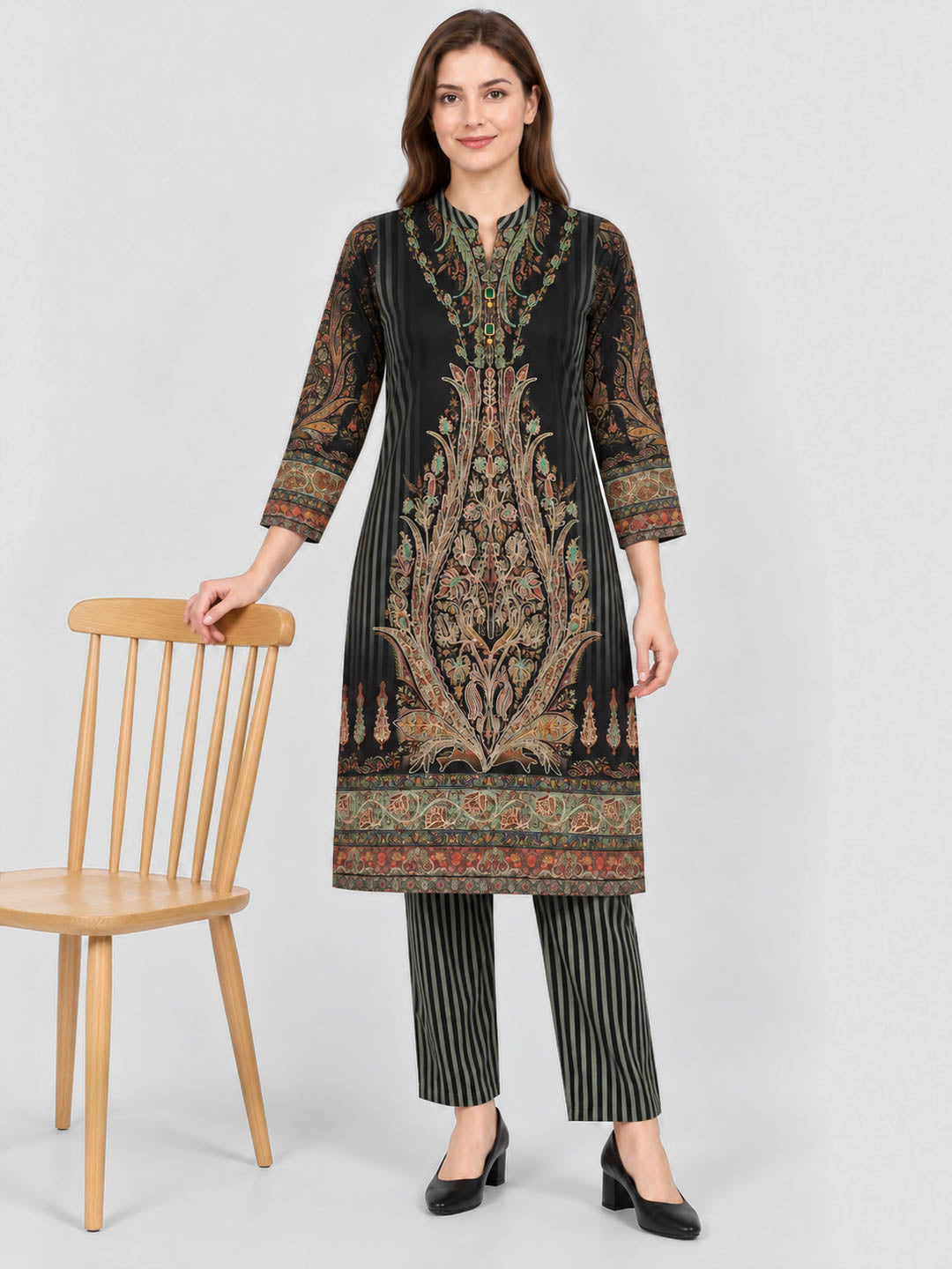 Women Green Designer Round Neck Full Sleeve Kurtis Set for Winter