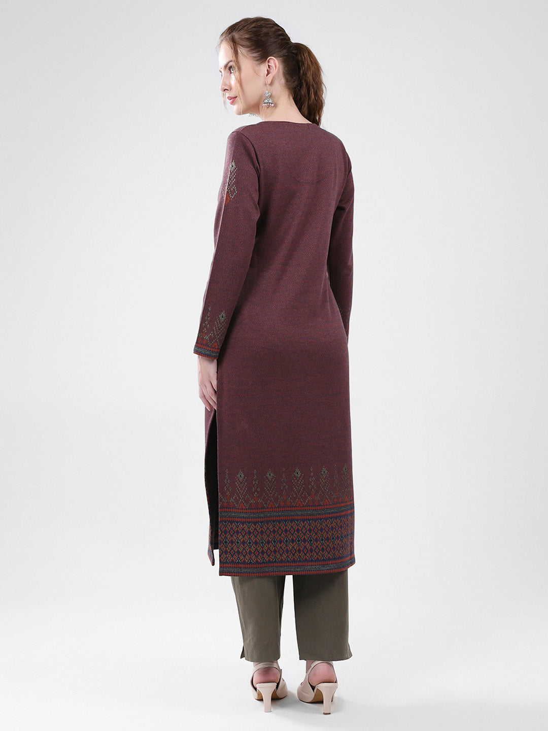Women Maroon Self Design Round Neck Full Sleeve Winter Kurti