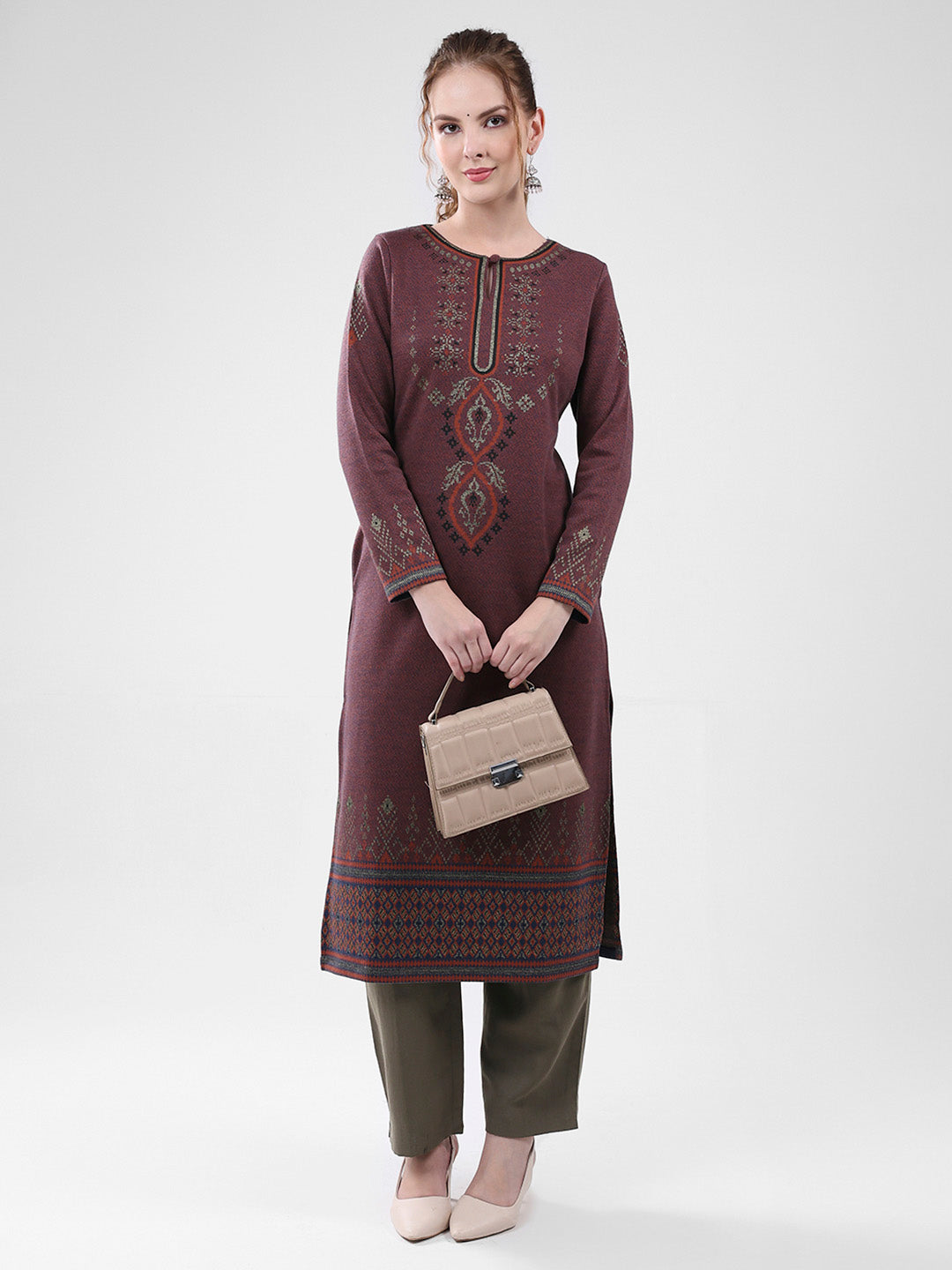 Women Maroon Self Design Round Neck Full Sleeve Winter Kurti