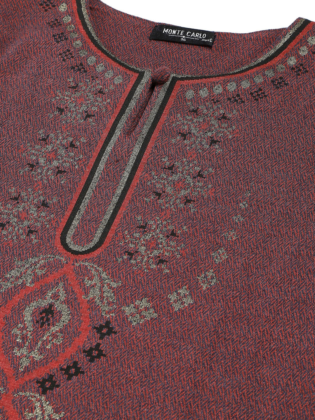 Women Maroon Self Design Round Neck Full Sleeve Winter Kurti