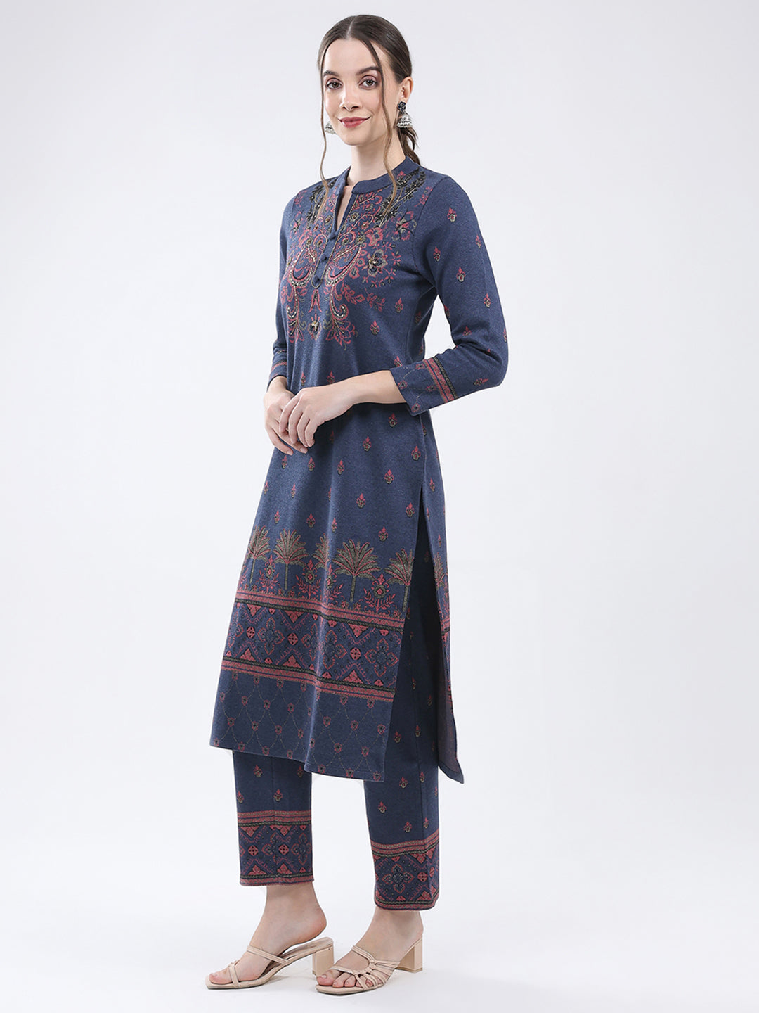 Women Navy Blue Self Design Band Neck Full Sleeve Kurti Set for Winter