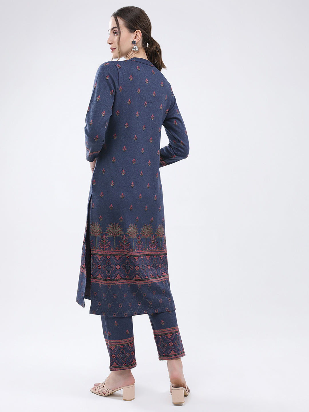 Women Navy Blue Self Design Band Neck Full Sleeve Kurti Set for Winter