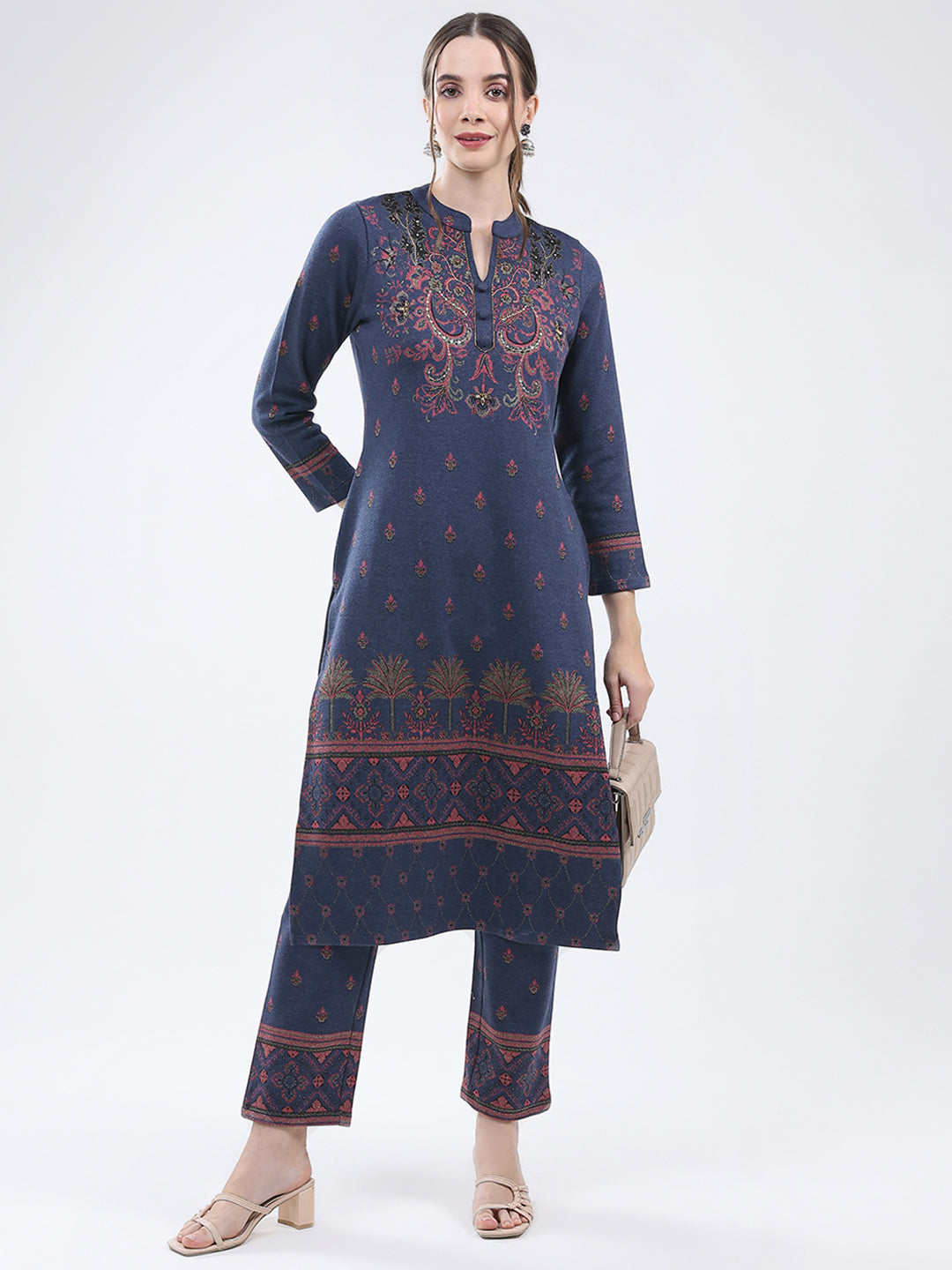 Women Navy Blue Self Design Band Neck Full Sleeve Kurti Set for Winter