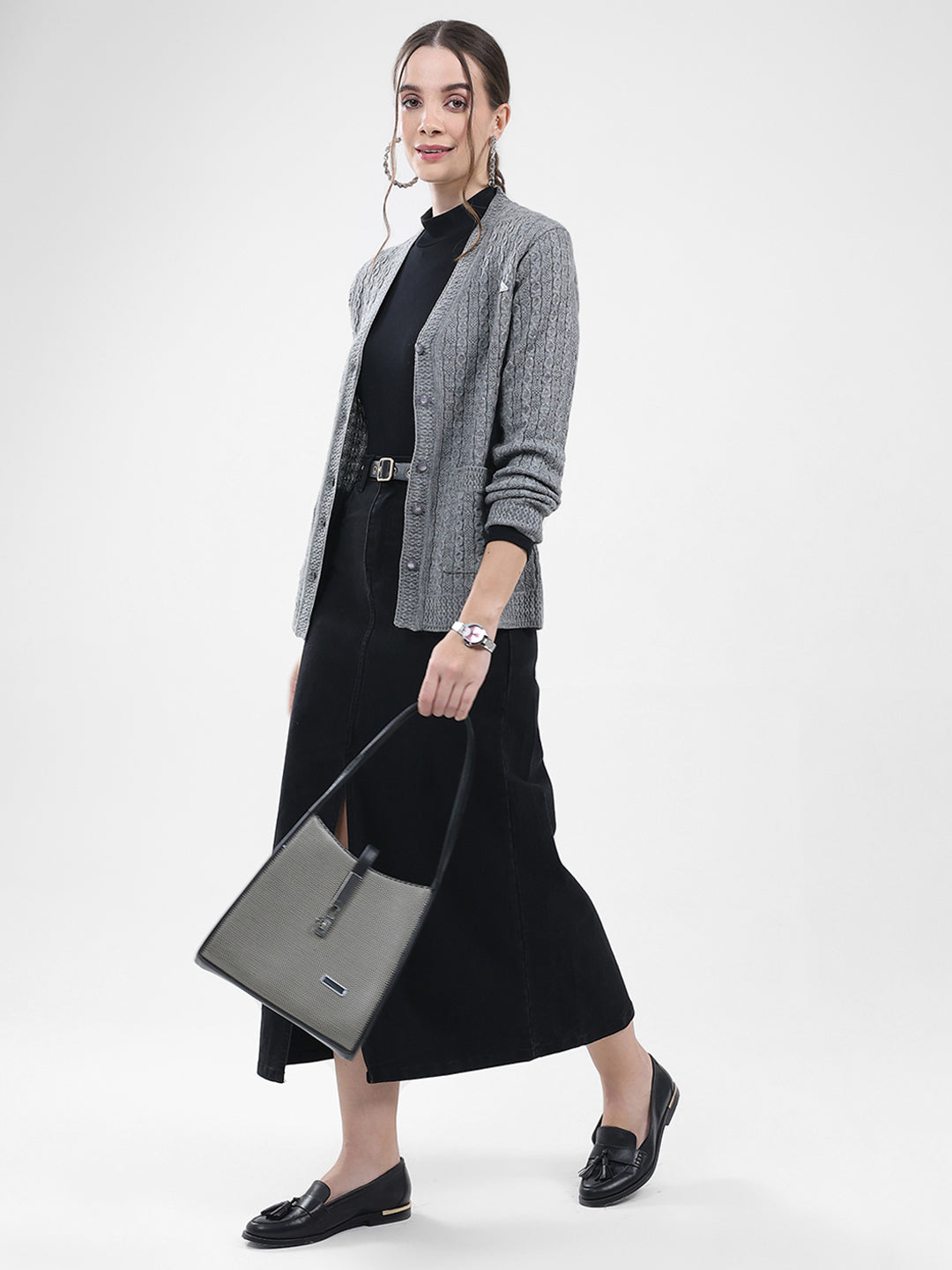 Women Grey Self Design V Neck Full Sleeve Cardigan