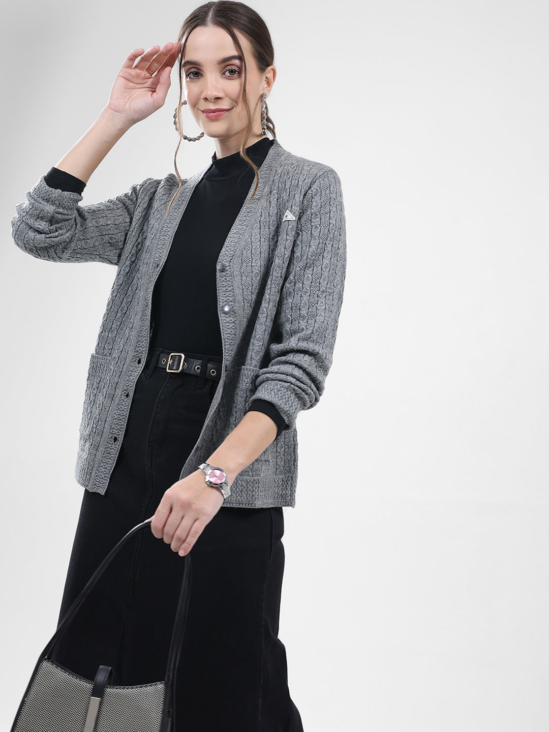 Women Grey Self Design V Neck Full Sleeve Cardigan