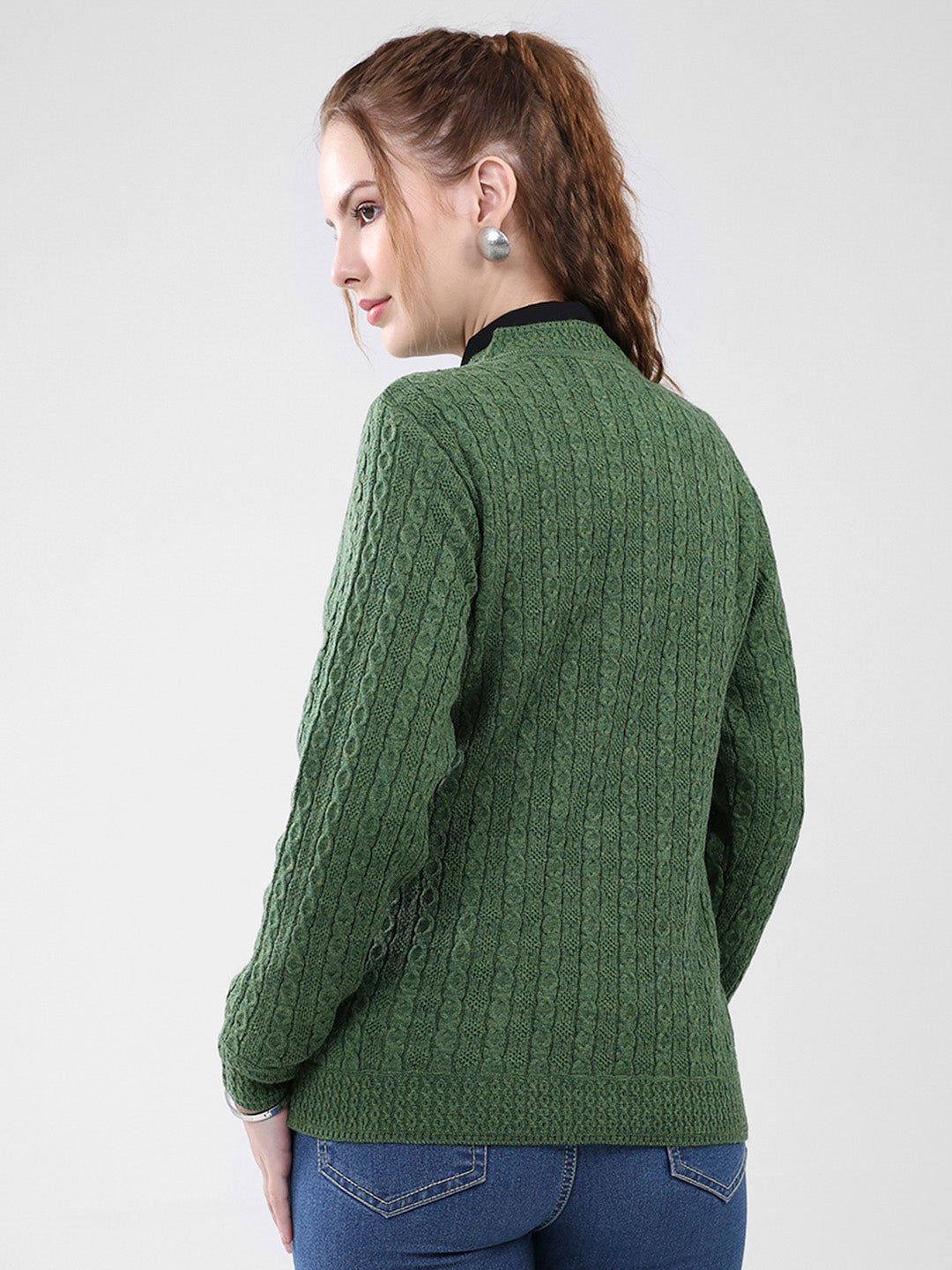 Women Green Self Design V Neck Full Sleeve Cardigan