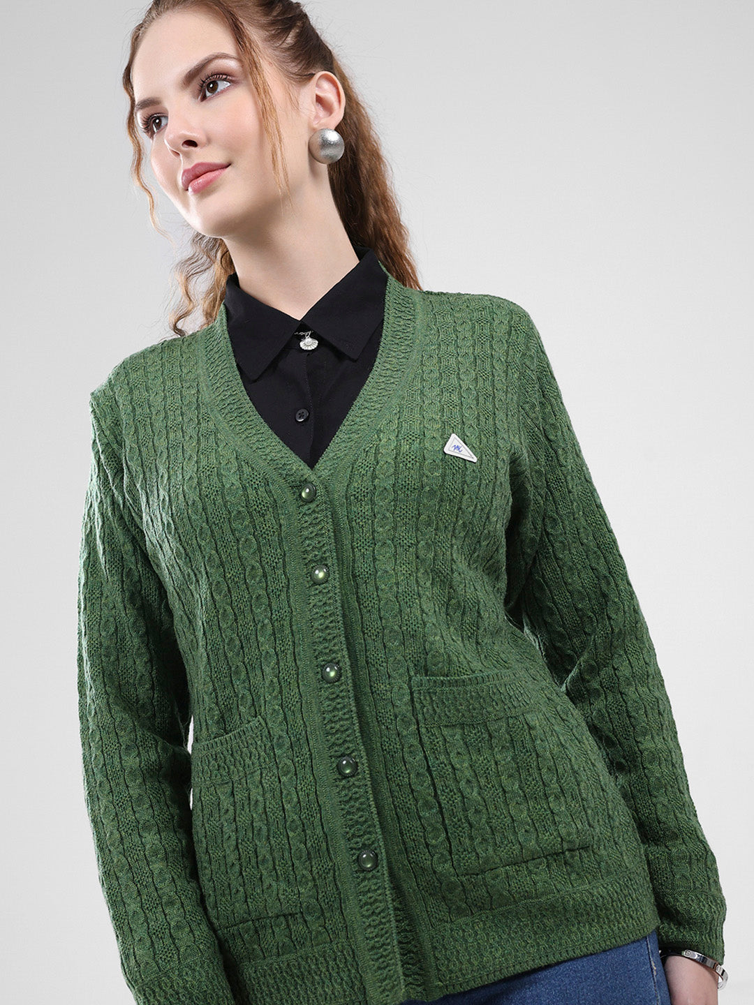 Women Green Self Design V Neck Full Sleeve Cardigan
