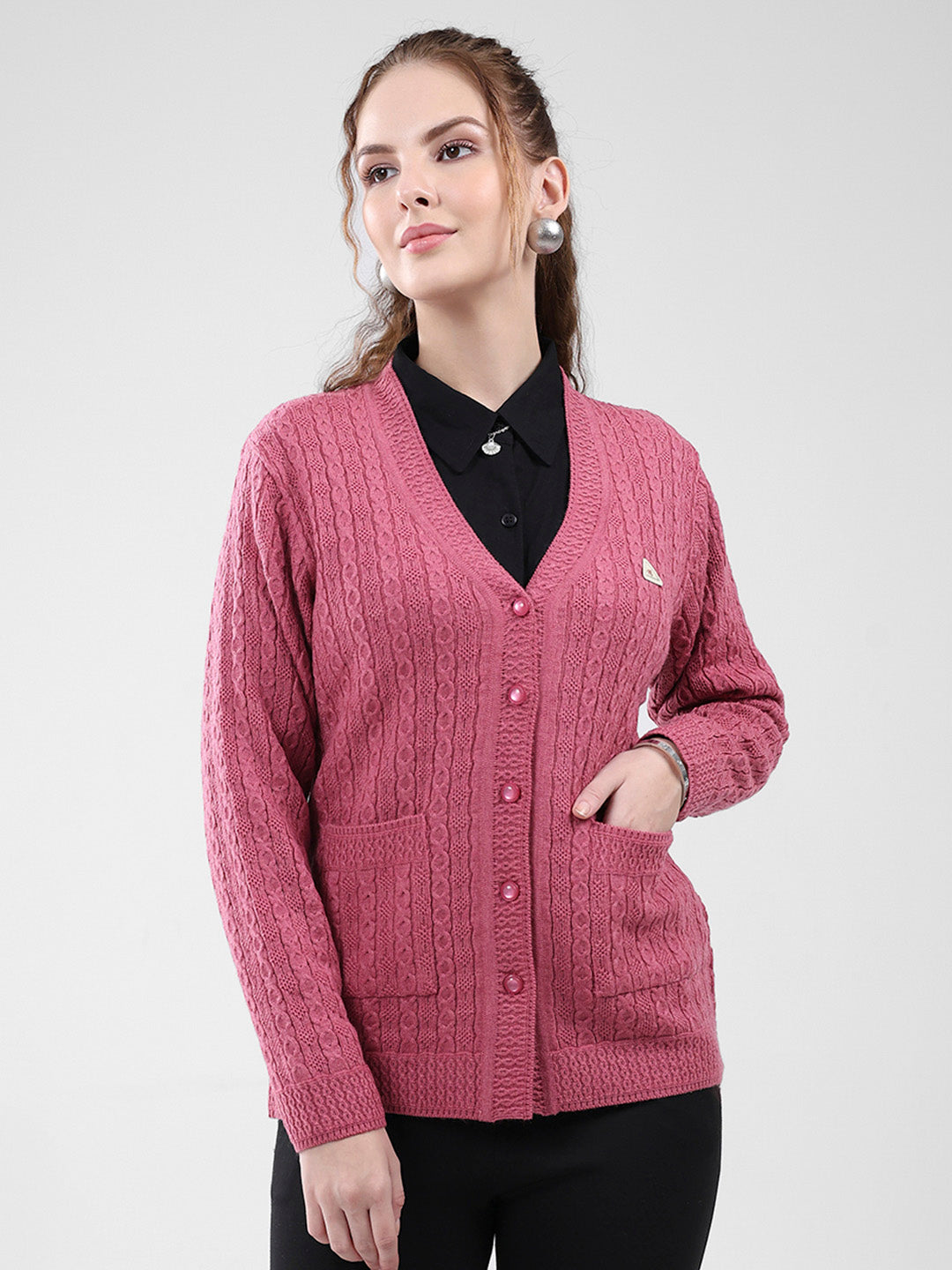 Women Pink Self Design V Neck Full Sleeve Cardigan