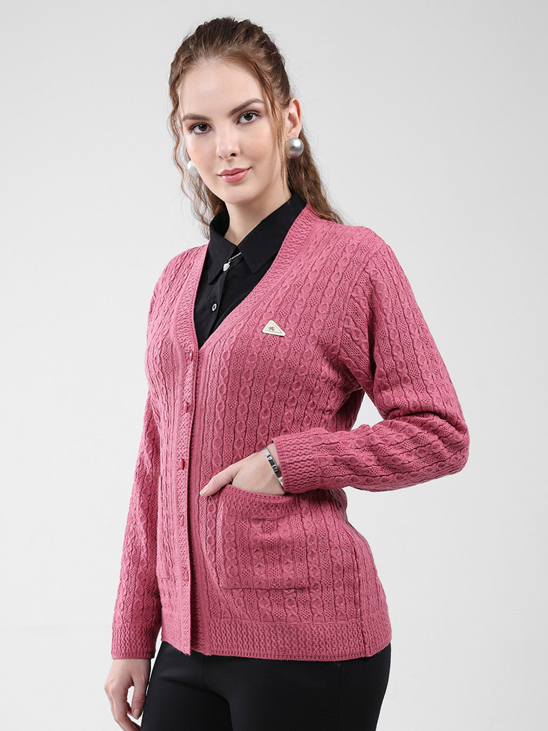 Women Pink Self Design V Neck Full Sleeve Cardigan