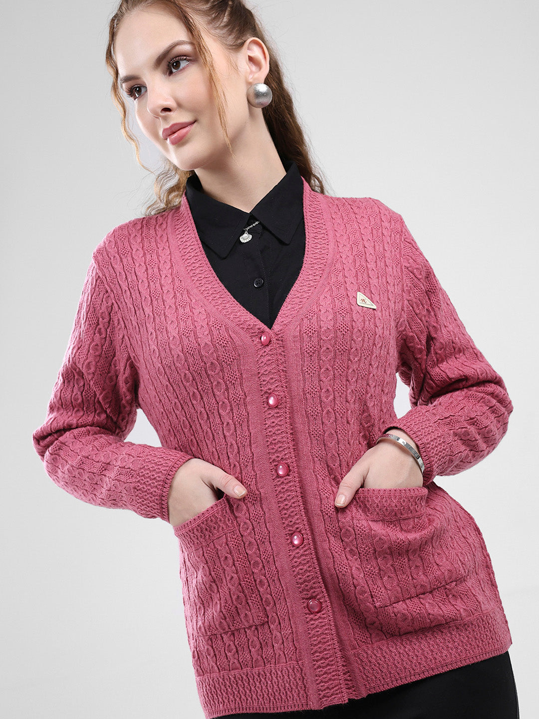 Women Pink Self Design V Neck Full Sleeve Cardigan