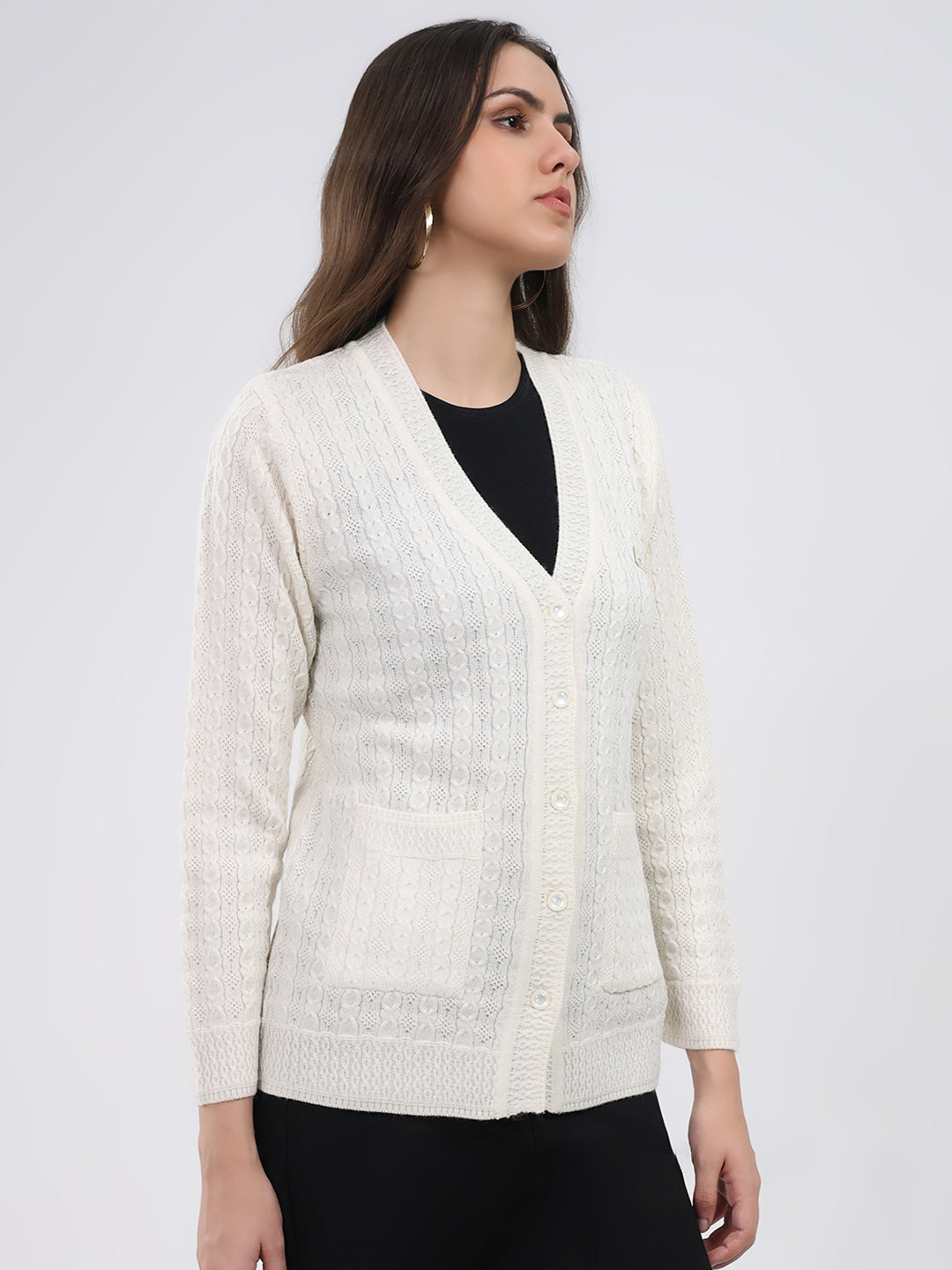 Women White Self Design V Neck Full Sleeve Cardigan