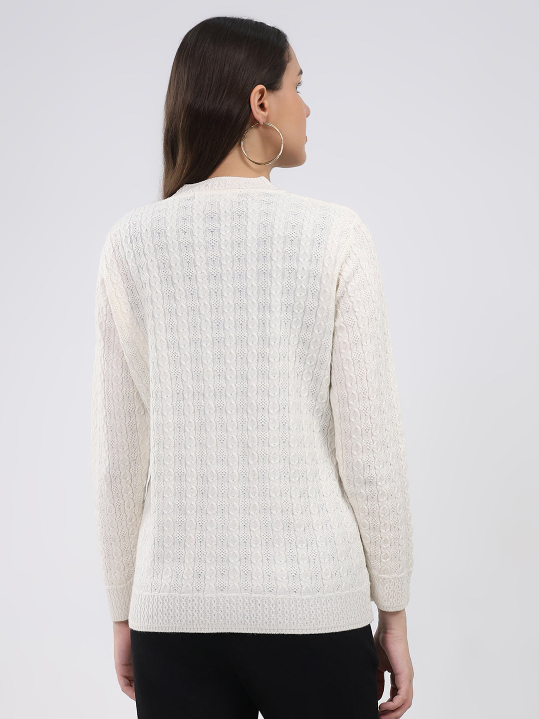 Women White Self Design V Neck Full Sleeve Cardigan