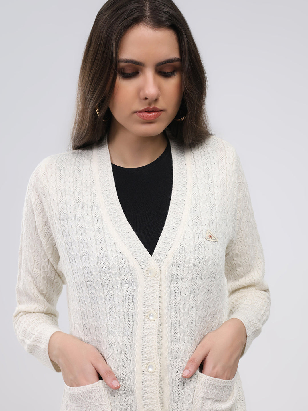 Women White Self Design V Neck Full Sleeve Cardigan