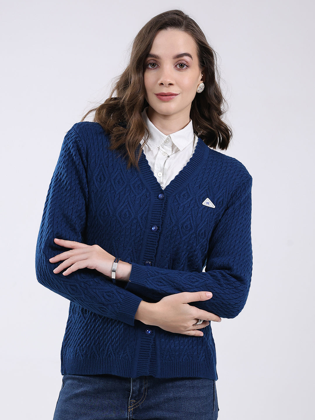 Women Blue Self Design V Neck Full Sleeve Cardigan