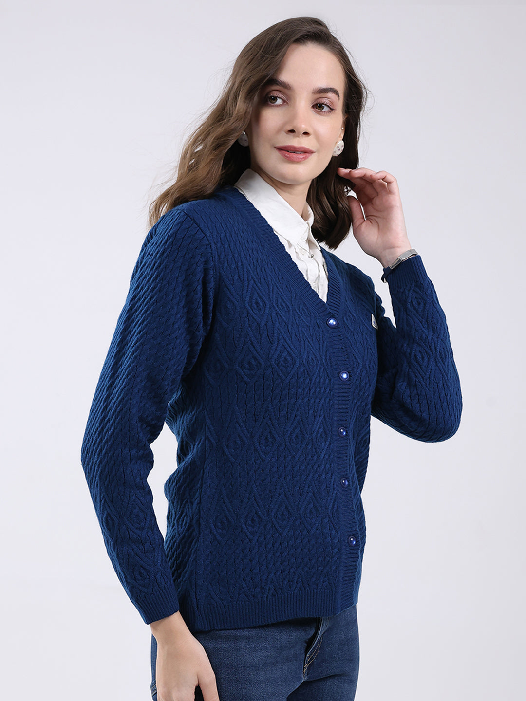 Women Blue Self Design V Neck Full Sleeve Cardigan