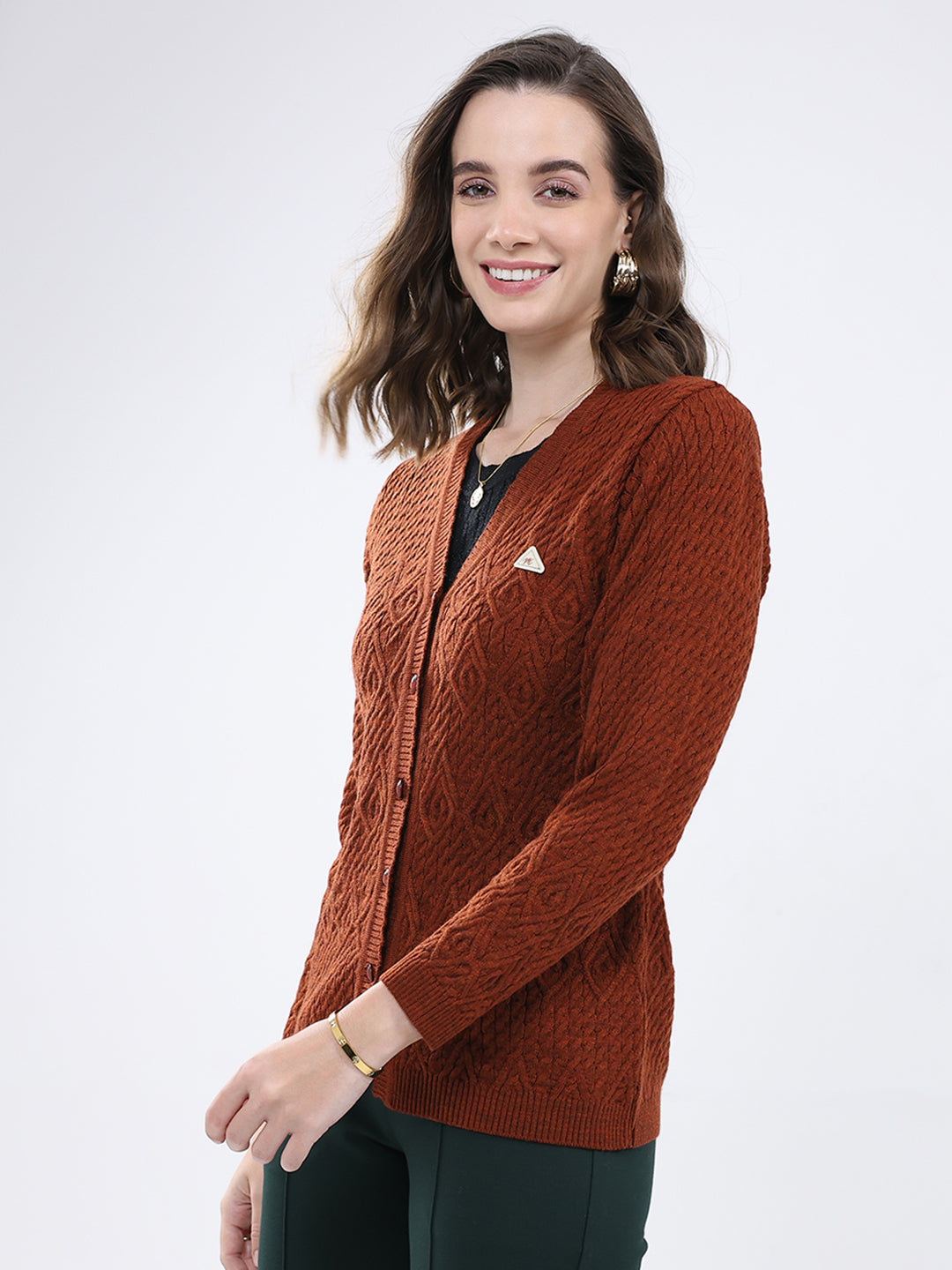 Women Rust Self Design V Neck Full Sleeve Cardigan
