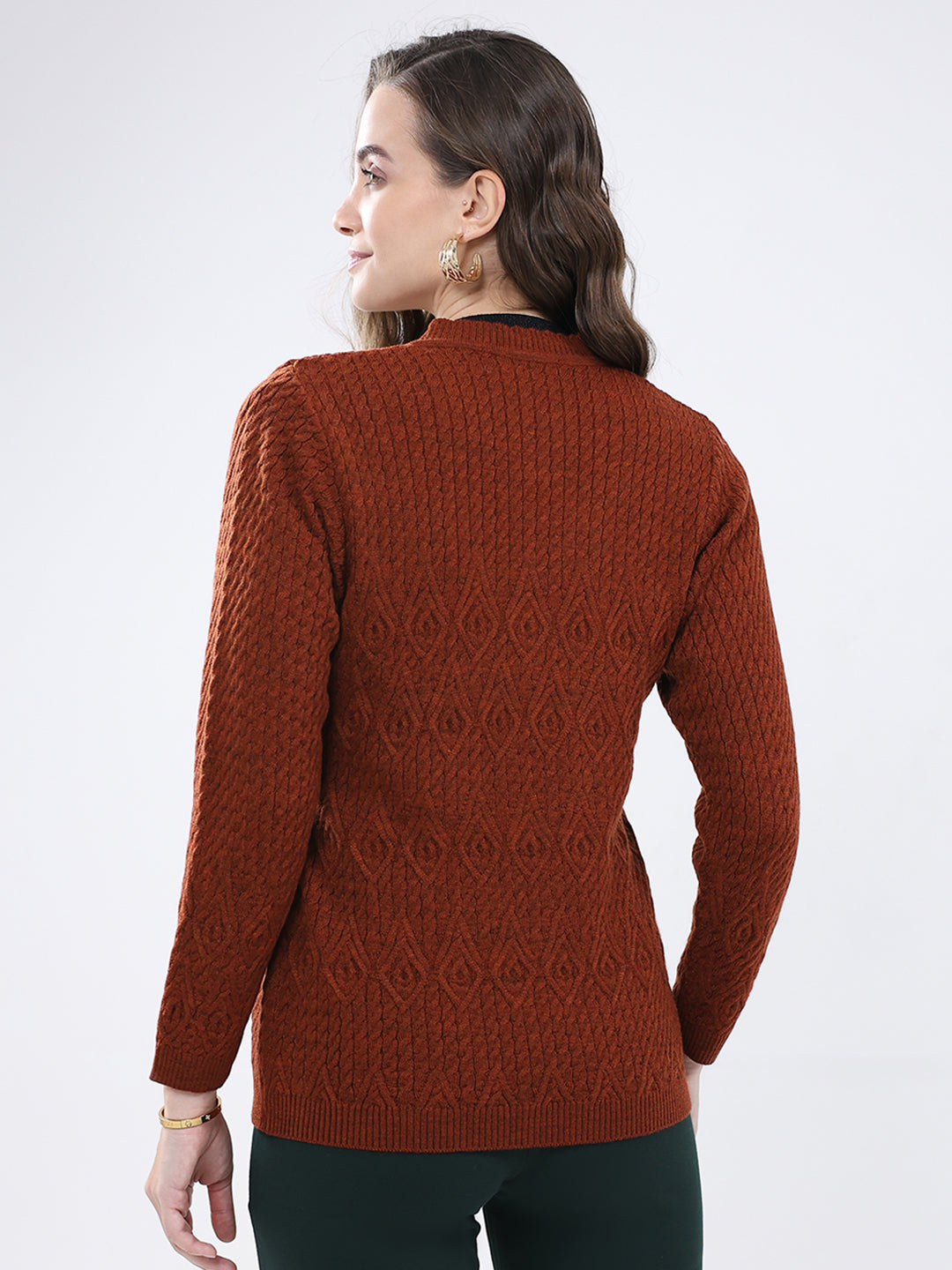 Women Rust Self Design V Neck Full Sleeve Cardigan