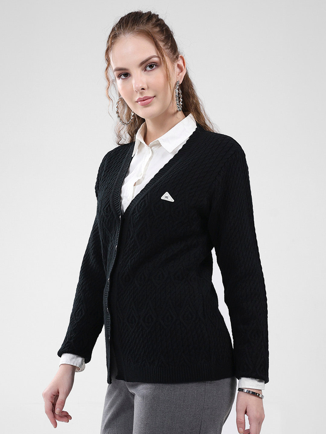 Women Black Self Design V Neck Full Sleeve Cardigan