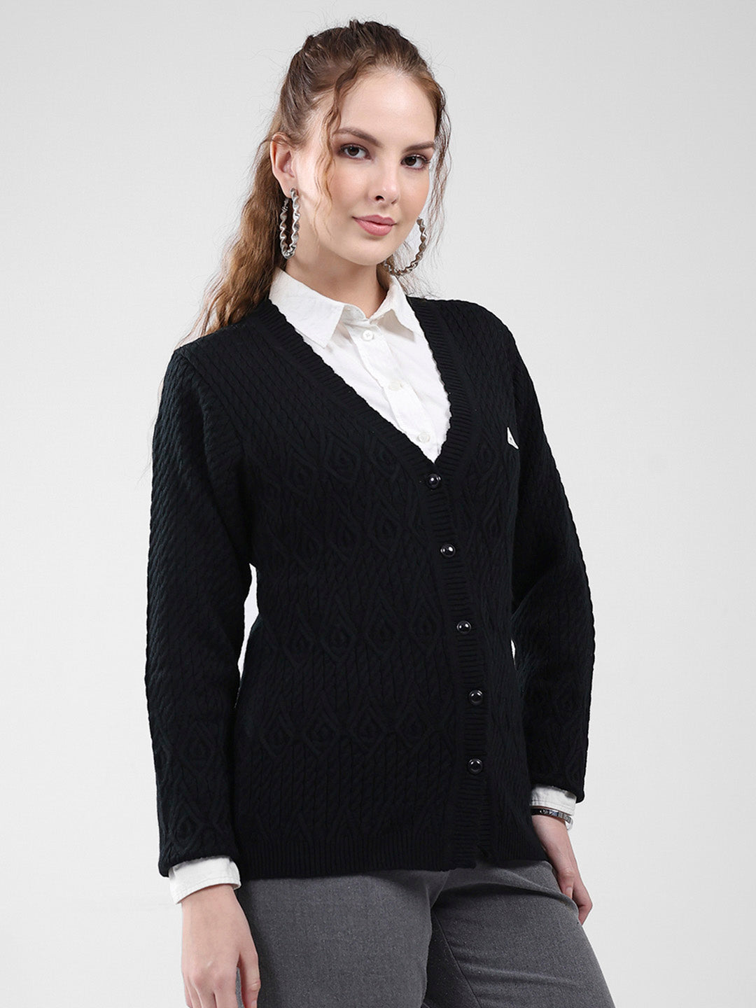 Women Black Self Design V Neck Full Sleeve Cardigan